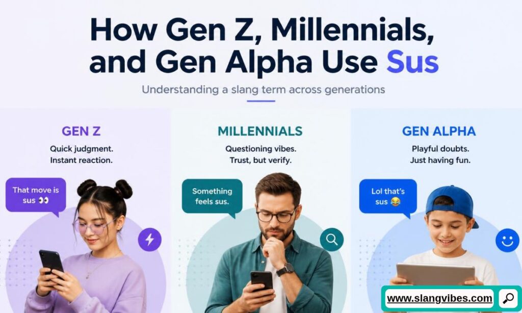 Three-panel infographic showing Gen Z, Millennial, and Gen Alpha users holding devices with speech bubbles using "sus".