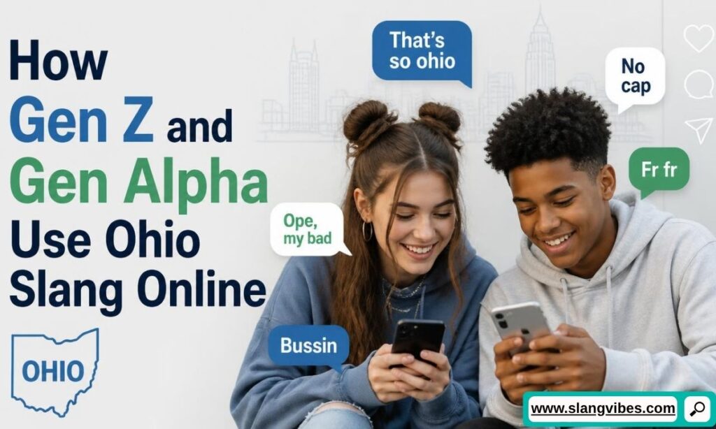 Two young people smiling while looking at their smartphones next to speech bubbles with Ohio slang and text about Gen Z and Gen Alpha slang usage.   