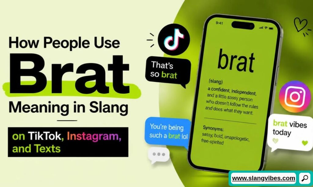 Smartphone displaying a definition of Brat in green next to TikTok and Instagram icons and text message bubbles.