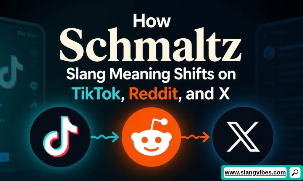 Flowchart graphic with TikTok, Reddit, and X app logos connected by arrows beneath text about Schmaltz slang meaning shifts.