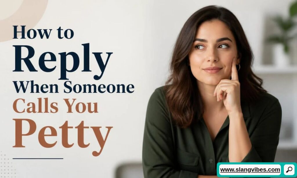 Thoughtful woman in a green shirt resting her chin on her hand next to text about how to reply when called petty.