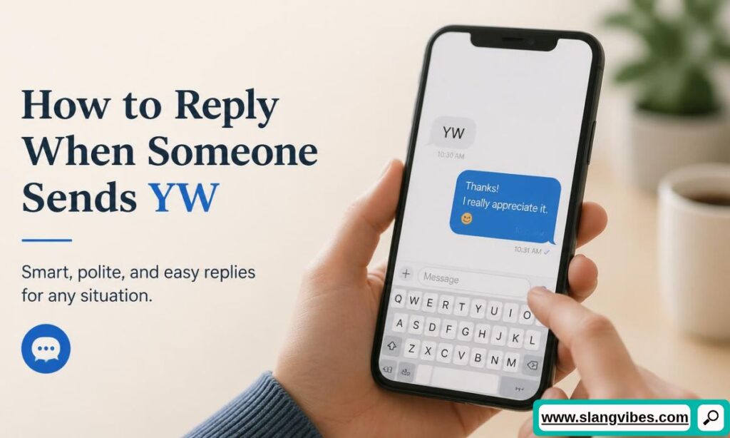 Person holding a smartphone typing a reply to a YW message next to text about how to reply when someone sends YW.