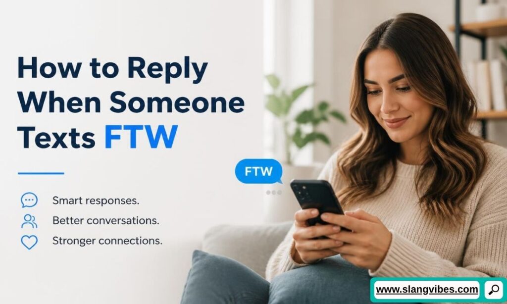 Woman smiling while looking at her smartphone next to an FTW text bubble and text about how to reply when someone texts FTW.