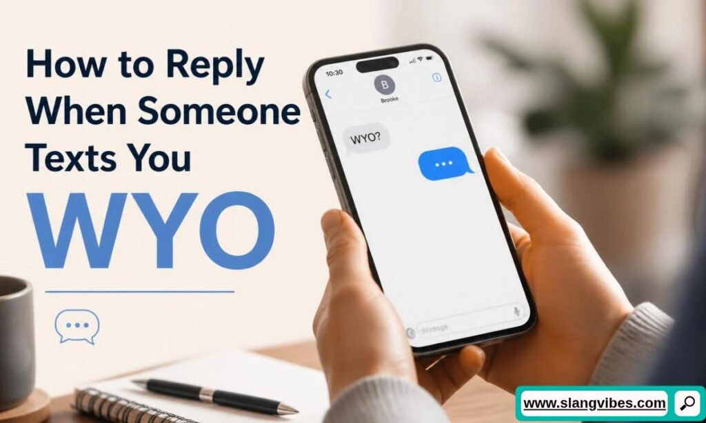 Person holding a smartphone displaying an incoming WYO text message next to text about how to reply when someone texts WYO.