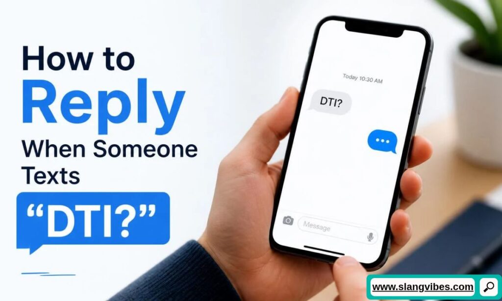 Hand holding smartphone displaying a text message reading DTI? with typing indicator icon.