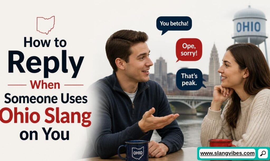 Two young people smiling while looking at their smartphones next to speech bubbles with Ohio slang and text about Gen Z and Gen Alpha slang usage.   