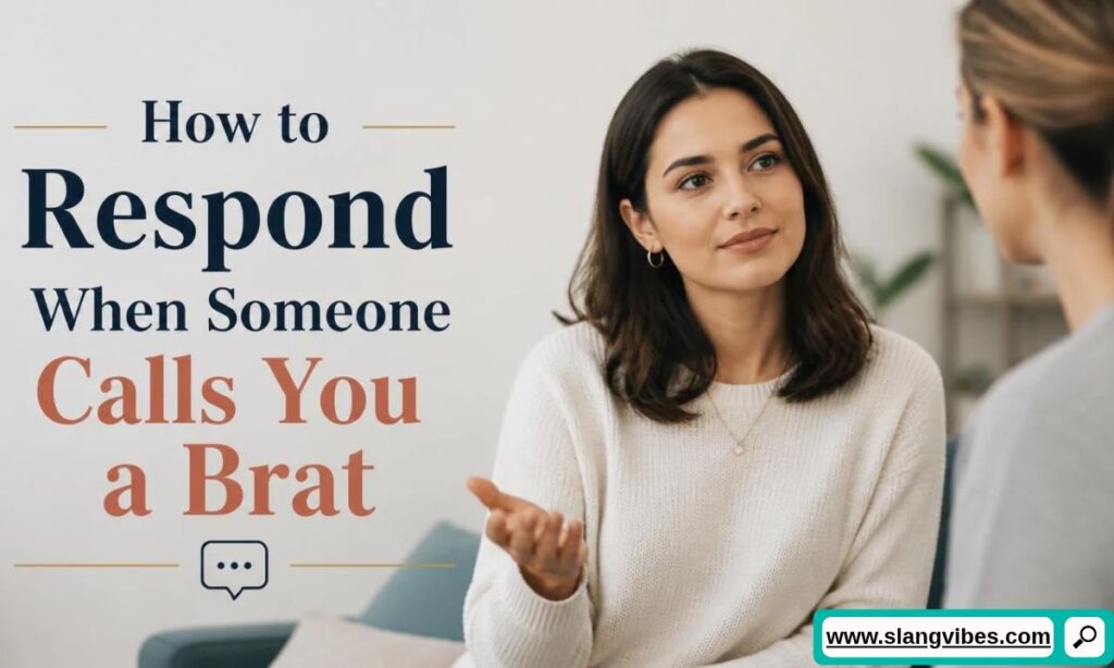 Woman in a white sweater gesturing while speaking to another person next to text on how to respond when called a brat.