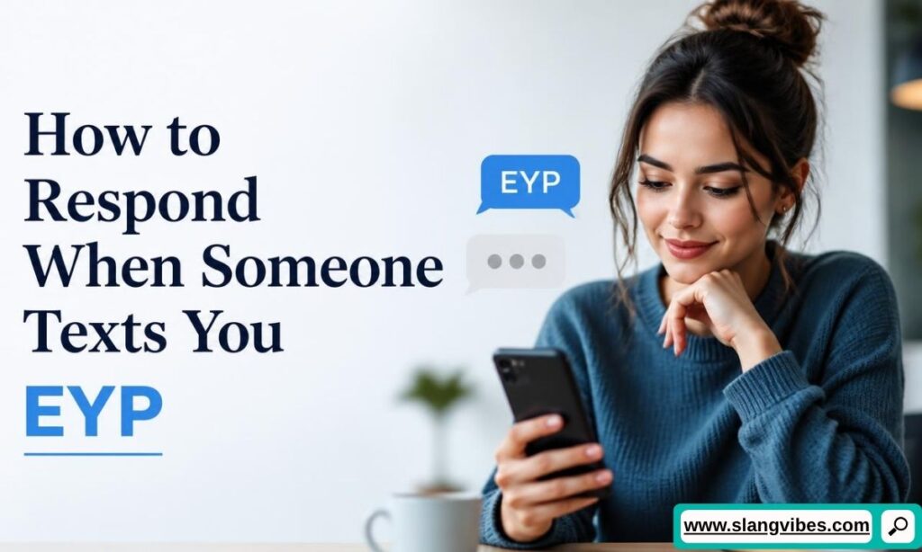 Young woman smiling while checking her phone next to an EYP text bubble icon.