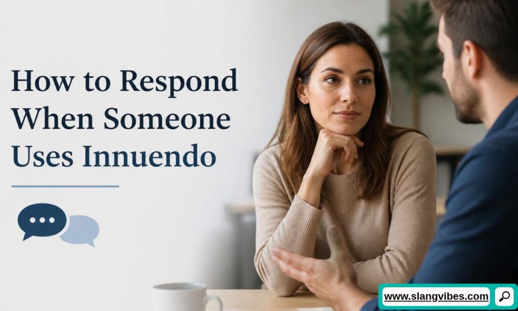 Woman listening attentively to a man talking across a table next to text about how to respond when someone uses innuendo.   