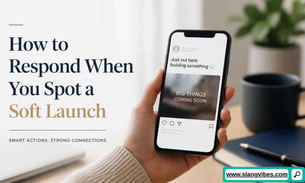 Hand holding smartphone displaying a soft launch social media post reading BIG THINGS COMING SOON.