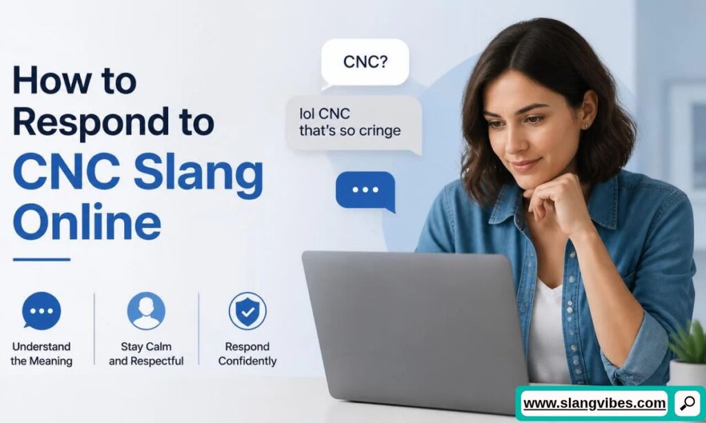 Woman using laptop next to chat speech bubbles mentioning CNC slang alongside tips for responding online.