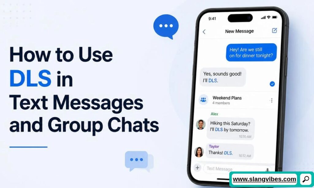 Smartphone showing group chat messages with DLS next to text about how to use DLS in text messages and group chats.