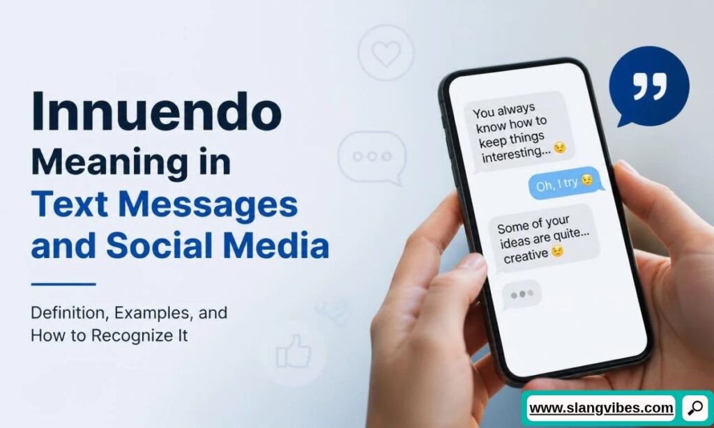 Hands holding a smartphone showing a text conversation with subtext next to text about innuendo meaning in text messages and social media.   