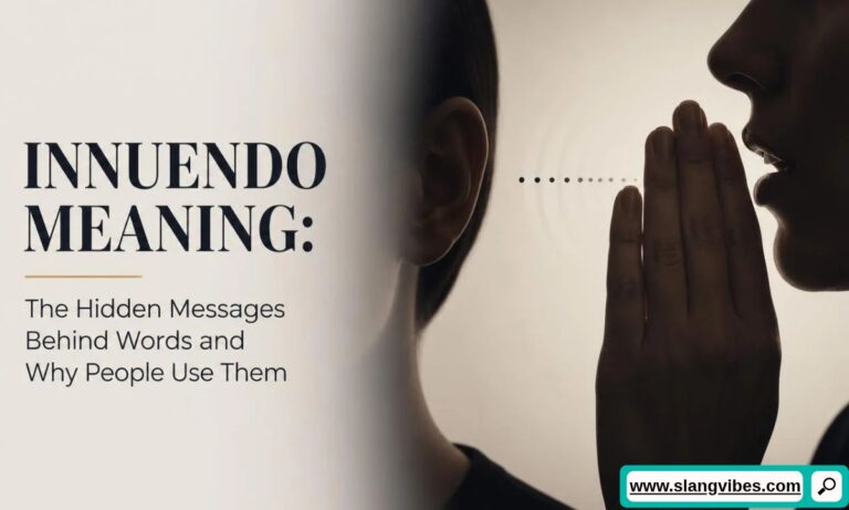 Person whispering a secret next to text about innuendo meaning and hidden messages in words.