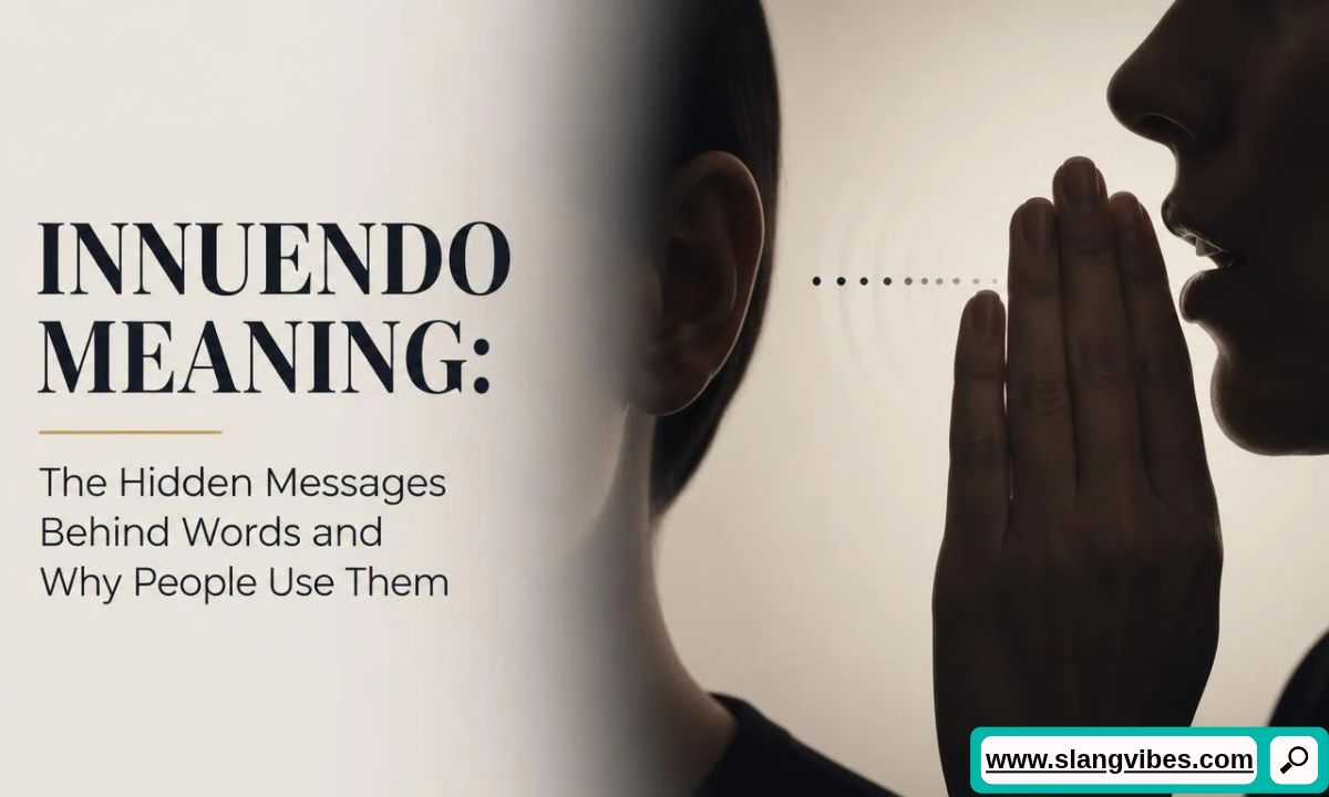 Person whispering a secret next to text about innuendo meaning and hidden messages in words.