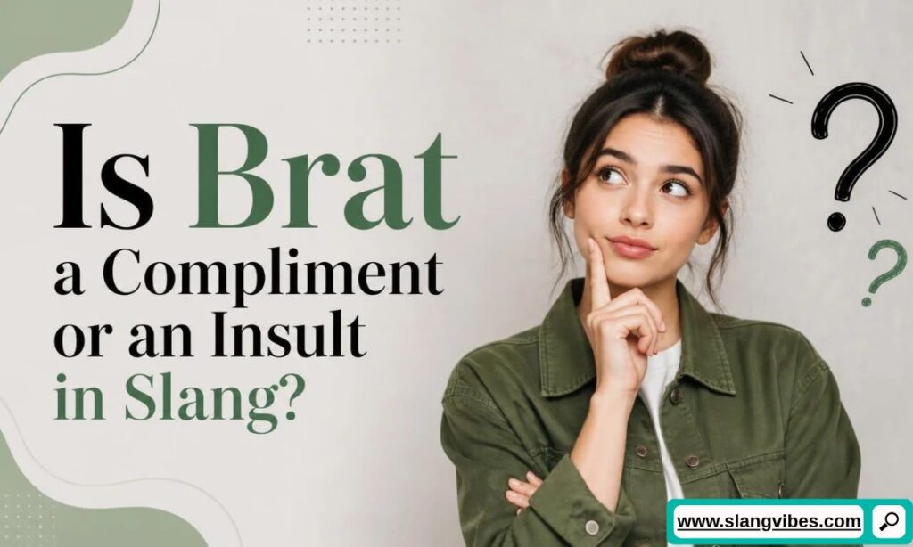 Thoughtful woman in a green jacket posing next to text asking if Brat is a compliment or an insult in slang.