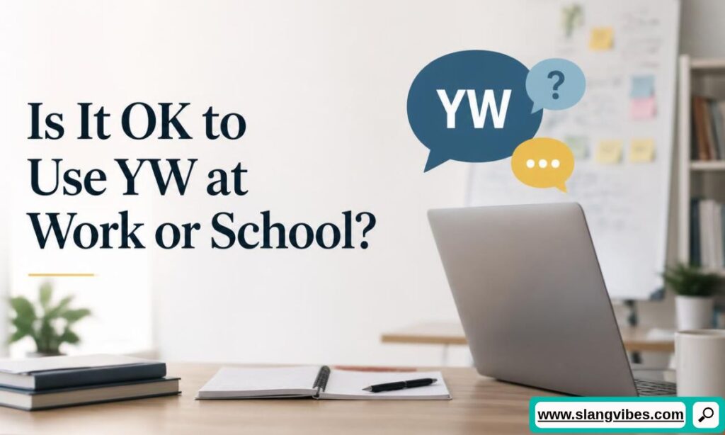 Laptop on a wooden desk with a speech bubble showing YW next to text about using YW at work or school.