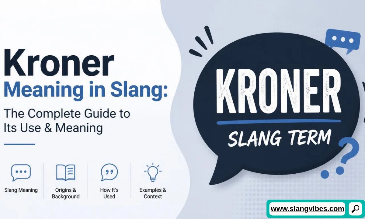 Large dark speech bubble featuring Kroner slang term next to icons for meaning, origins, usage, and context.