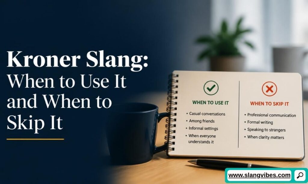 Spiral notebook showing do's and don'ts list for Kroner slang next to a coffee mug and pen on a desk.