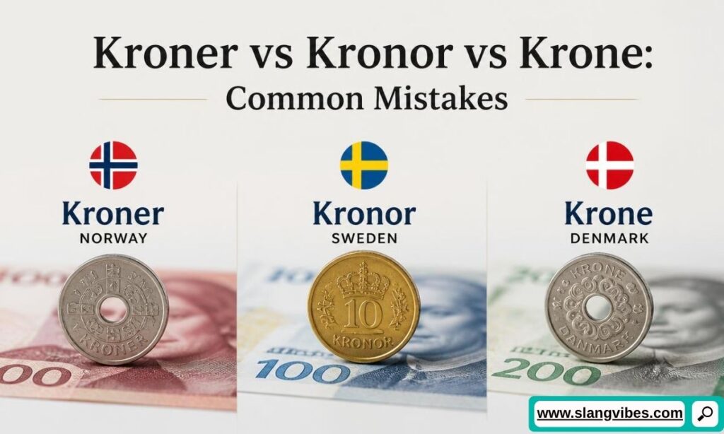 Scandinavian coins and banknotes comparing Kroner for Norway, Kronor for Sweden, and Krone for Denmark.