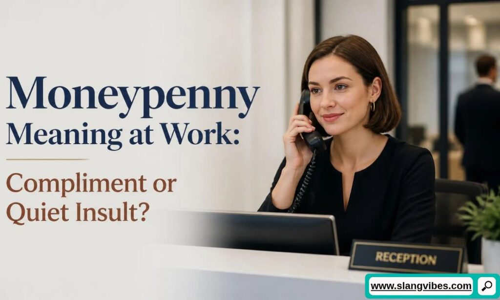Receptionist answering a desk phone behind a reception sign next to text asking if Moneypenny is a compliment or quiet insult.