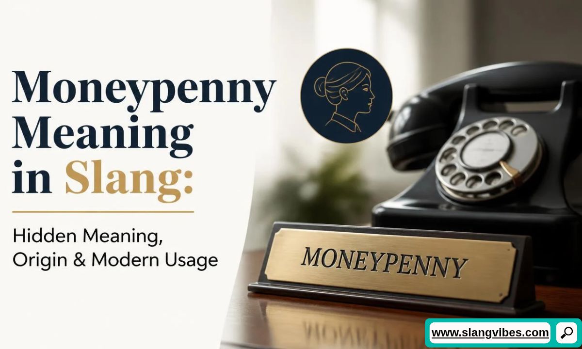Vintage brass desk plaque engraved with MONEYPENNY alongside a classic black rotary telephone and circular portrait icon.
