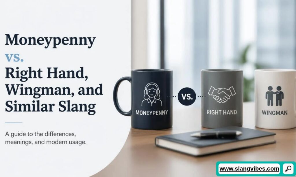 Three coffee mugs printed with Moneypenny, Right Hand, and Wingman icons on an office desk next to a notebook.