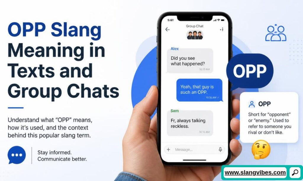 Smartphone showing group chat conversation with OPP definition card defining it as short for opponent or enemy.