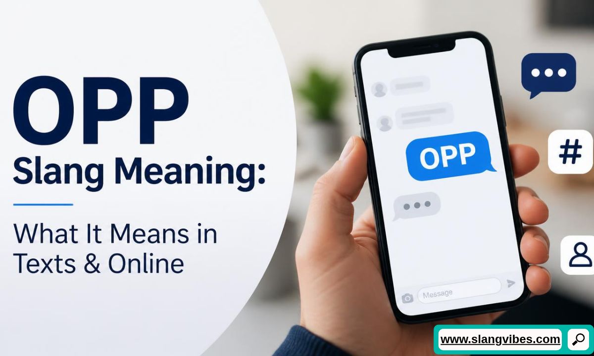 Hand holding smartphone displaying an OPP text message bubble next to chat and user graphics.