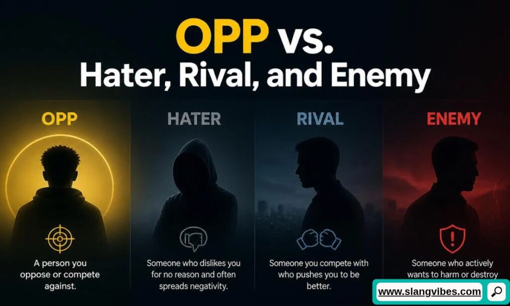 Comparison graphic defining OPP, Hater, Rival, and Enemy with dark silhouettes and icons representing each social dynamic.