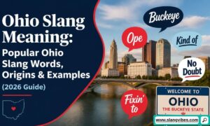 City skyline of Ohio with speech bubbles featuring regional slang words like Ope and Buckeye next to text about Ohio slang.
