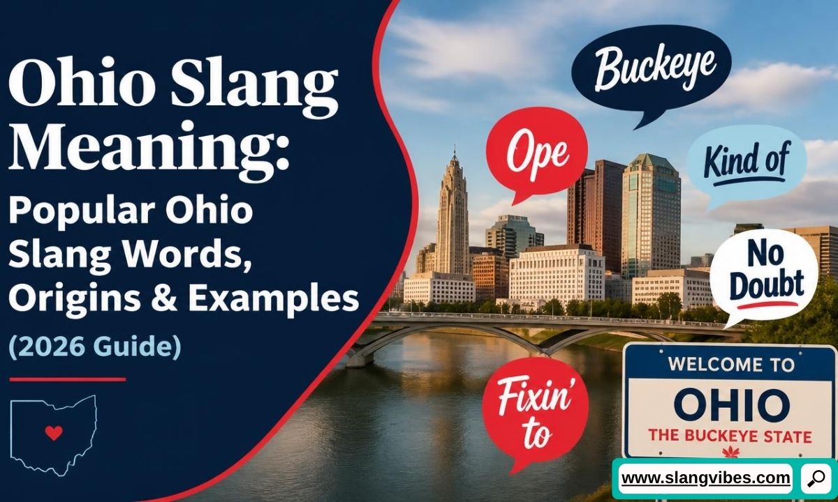 City skyline of Ohio with speech bubbles featuring regional slang words like Ope and Buckeye next to text about Ohio slang.