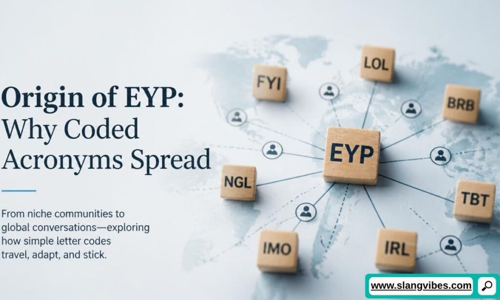 Wooden letter blocks displaying EYP, FYI, LOL, BRB, TBT, IRL, IMO, and NGL over a world map network graphic.