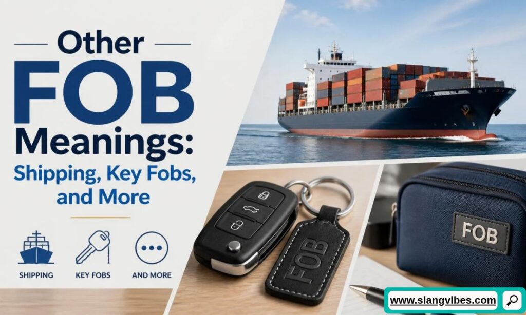 Cargo ship, car keys, and a pouch with FOB next to text about other FOB meanings including shipping and key fobs.   
