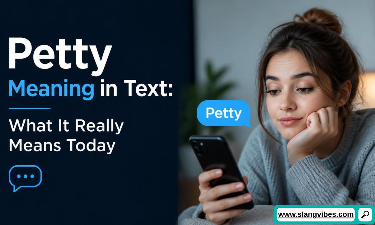 Woman looking at her smartphone next to a message bubble reading Petty and text about Petty meaning in text.