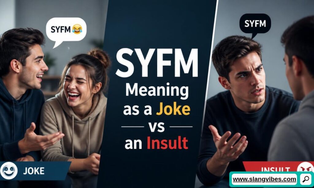 Split screen showing friends laughing using SYFM as a joke versus men arguing using SYFM as an insult.
