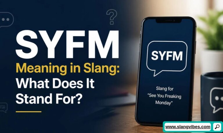 Smartphone on a desk displaying SYFM speech bubble defined as slang for See You Freaking Monday.
