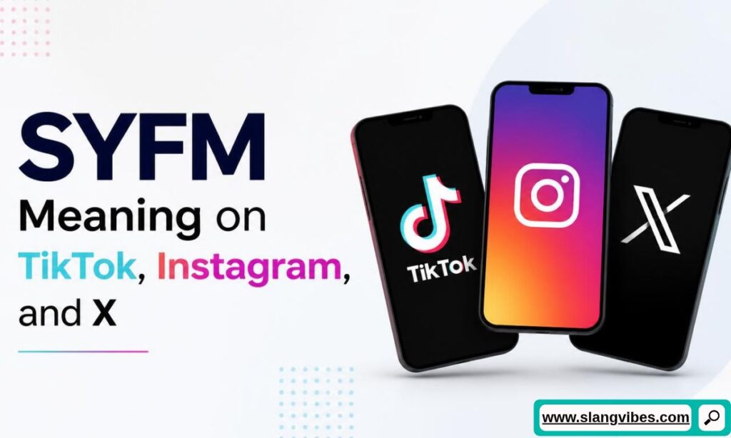 Three smartphones showing app icons for TikTok, Instagram, and X next to text detailing SYFM meaning.