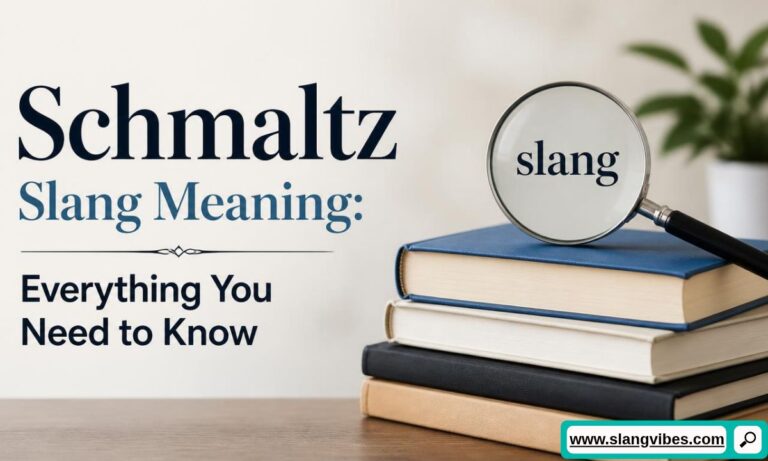 Magnifying glass resting on a stack of books next to text explaining Schmaltz slang meaning.