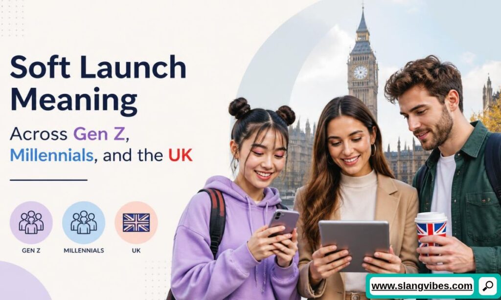 Young people using devices in London with graphics showing soft launch meaning across Gen Z, Millennials, and the UK.