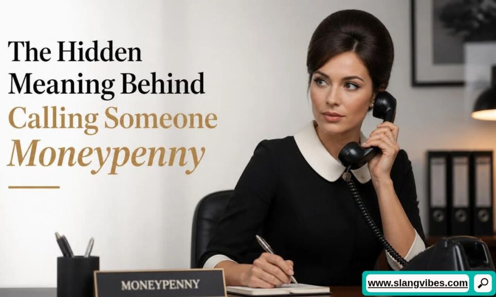 Woman in vintage office attire holding a desk phone handset next to text about calling someone Moneypenny.