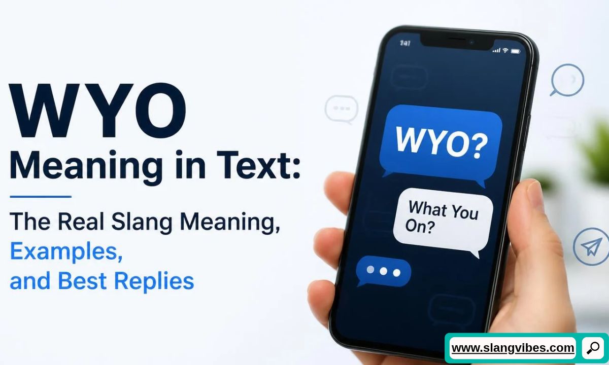 Hand holding a smartphone showing a text bubble with WYO? next to text about WYO meaning in text.