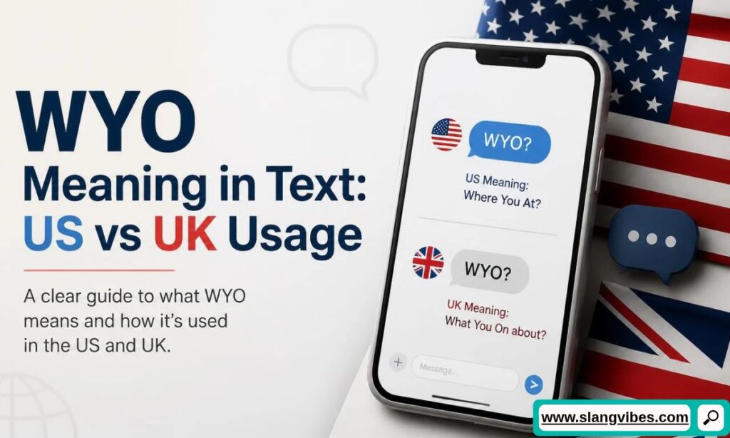 Smartphone displaying US and UK chat bubbles for WYO next to American and British flags and text about WYO usage.
