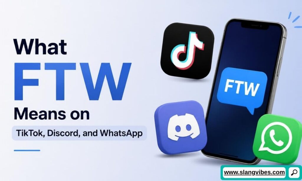 Smartphone with an FTW text bubble next to TikTok, Discord, and WhatsApp app icons and text about what FTW means on social apps.