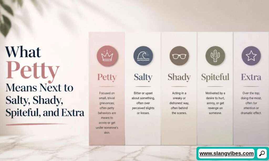 Infographic comparing Petty with Salty, Shady, Spiteful, and Extra across five vertical color-coded columns.
