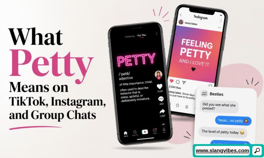 Smartphones showing TikTok, Instagram posts, and group chat text messages about petty slang next to text explaining what petty means on social platforms.