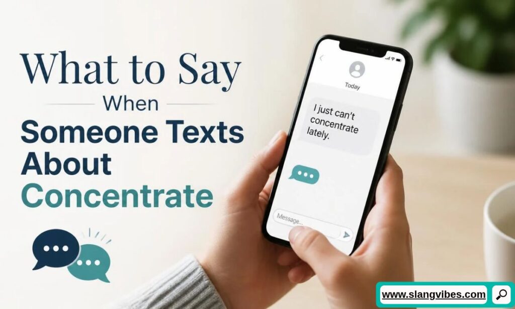 Person holding a smartphone displaying a text message about struggling to concentrate next to message icons.