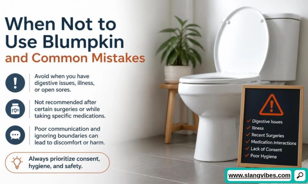 Toilet and small chalkboard listing warnings and a sign about when not to use blumpkin next to text.