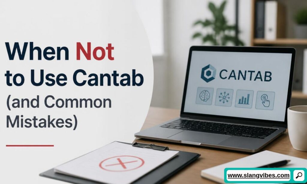 Laptop displaying CANTAB logo next to clipboard with red cross mark and common mistakes text.