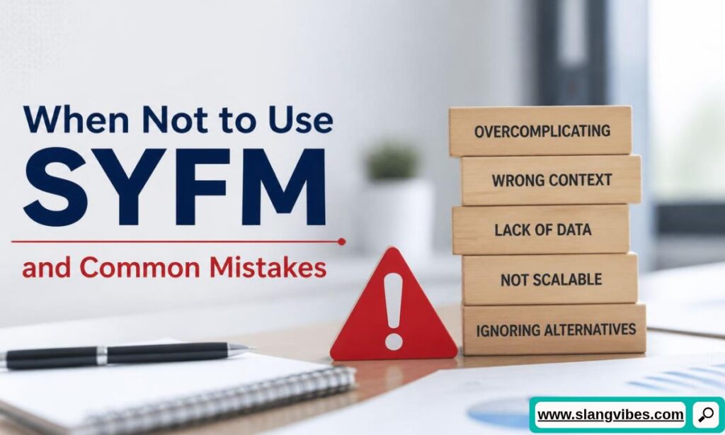 Wooden blocks stacked vertically listing communication mistakes next to a red warning sign and SYFM text.